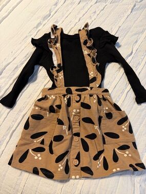 wonder nation Black Ribbed Top with Tan Floral Overall Skirt